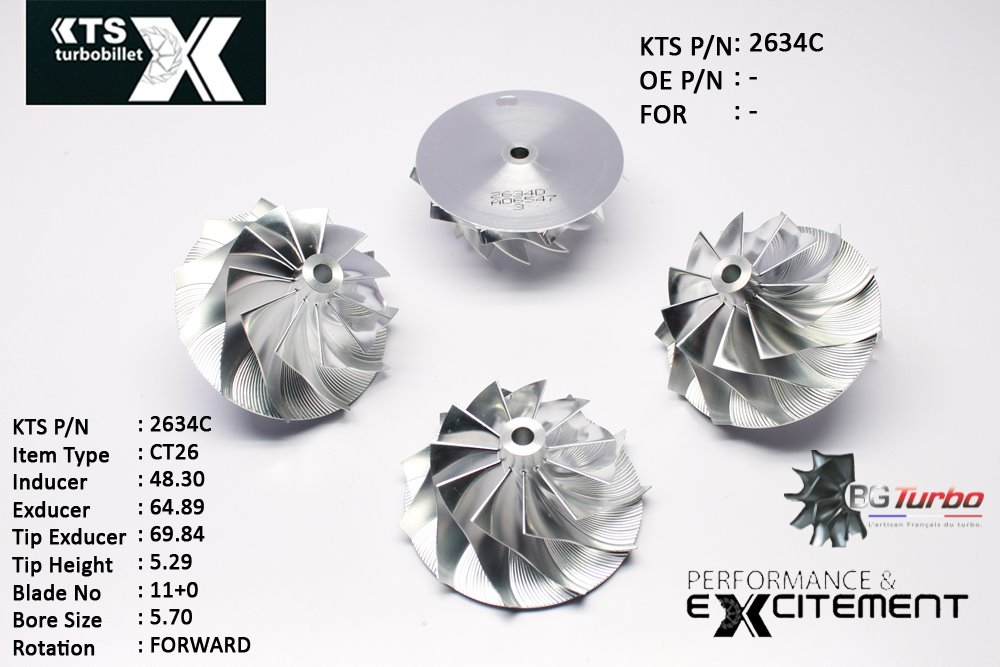 Turbo ROUE FORGÉE MFS PERFORMANCE - 11+0 PALES - INDUCER : 48,3 - EXDUCER : 64,89 - TYPE : CT26ANGLE : 65° - ROTATION : Forward - SUPER BACK : 1,5 - BORE SIZE : 5,7
